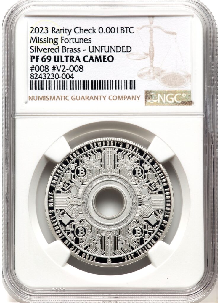 2023 Bitcoin Rarity Check 0.001 BTC Missing Fortunes Silvered Brass Unfunded